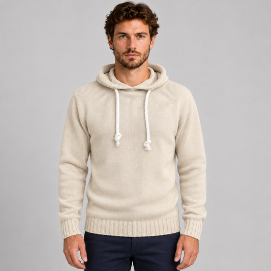 MAGLIA UOMO CON CAPPUCCIO E LACCI IN CORDA MISTO LANA 100% MADE IN ITALY