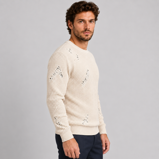 MAGLIONE LANA GIROCOLLO UOMO CON SMAGLIATURE EFFETTO STRAPPATO MADE IN ITALY