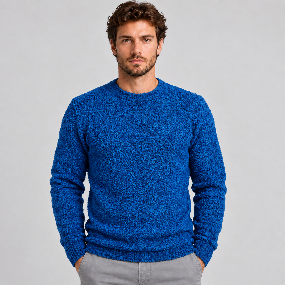MAGLIONE UOMO MISTO LANA TESSUTO BOUCLE' SLIM CASUAL 100% MADE IN ITALY