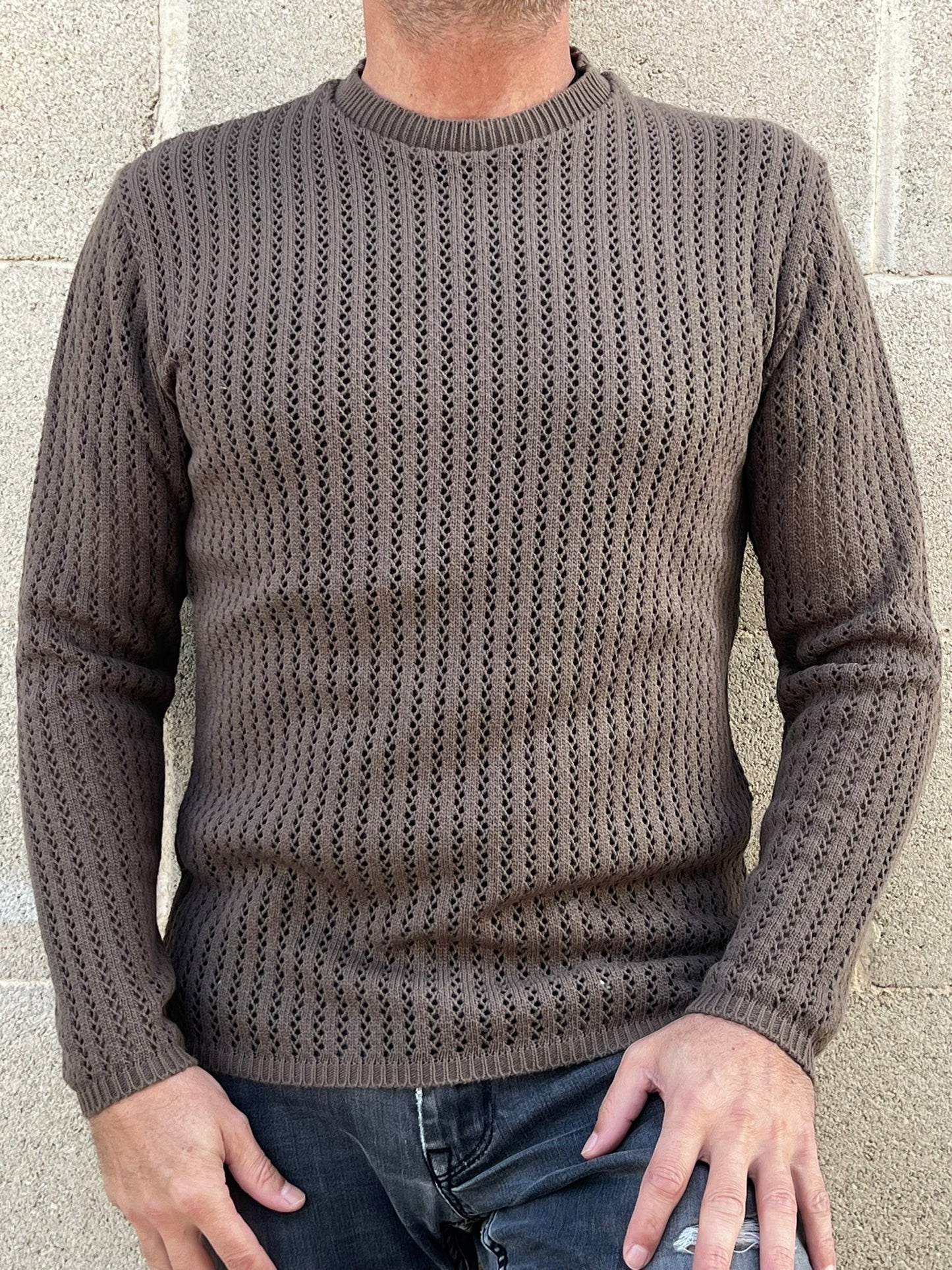 MAGLIA LANA MAGLIONCINO UOMO MANICA LUNGA GIROCOLLO TRAFORATO 100% MADE IN ITALY