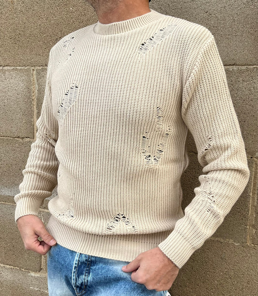 MAGLIONE LANA GIROCOLLO UOMO CON SMAGLIATURE EFFETTO STRAPPATO MADE IN ITALY