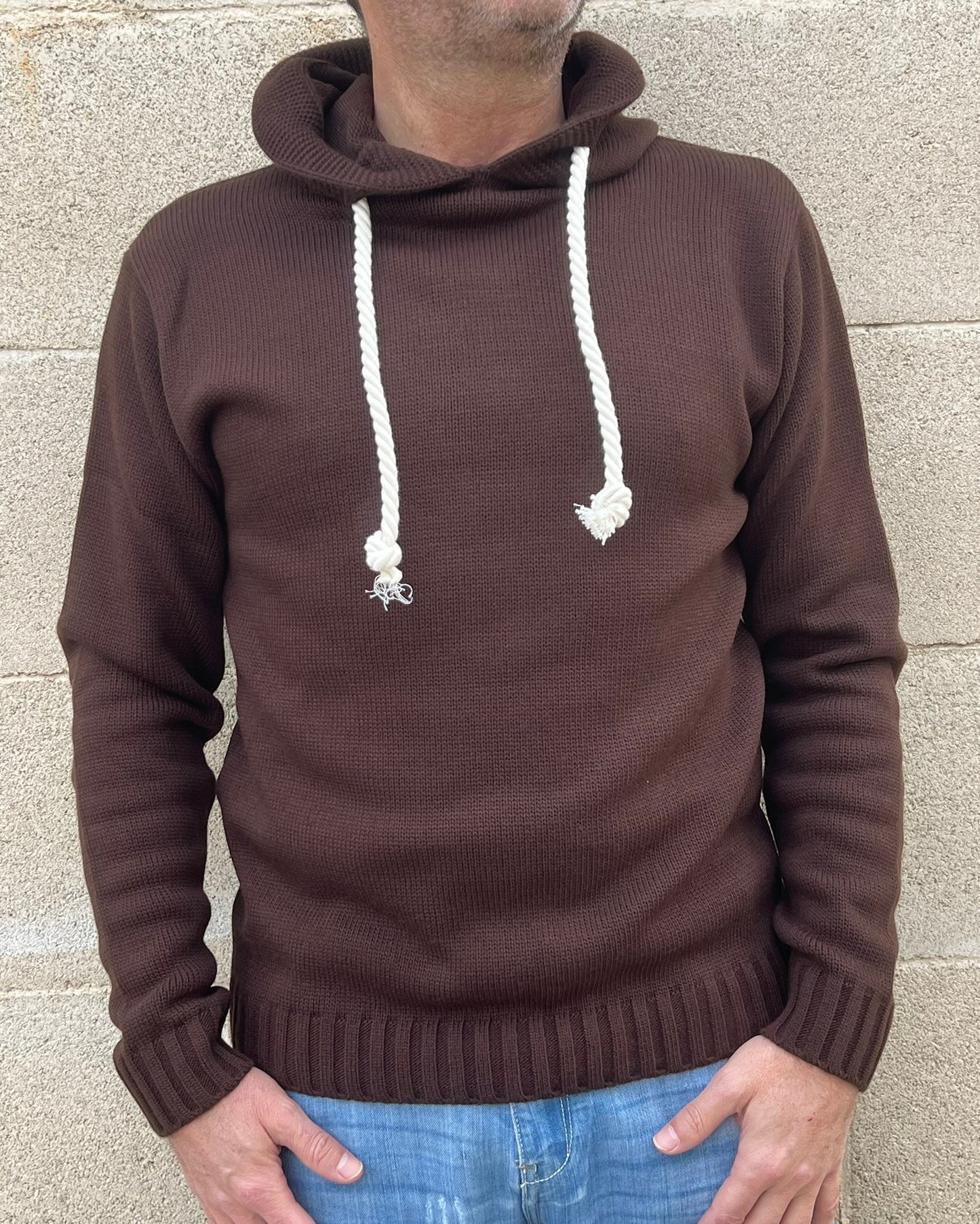 MAGLIA UOMO CON CAPPUCCIO E LACCI IN CORDA MISTO LANA 100% MADE IN ITALY