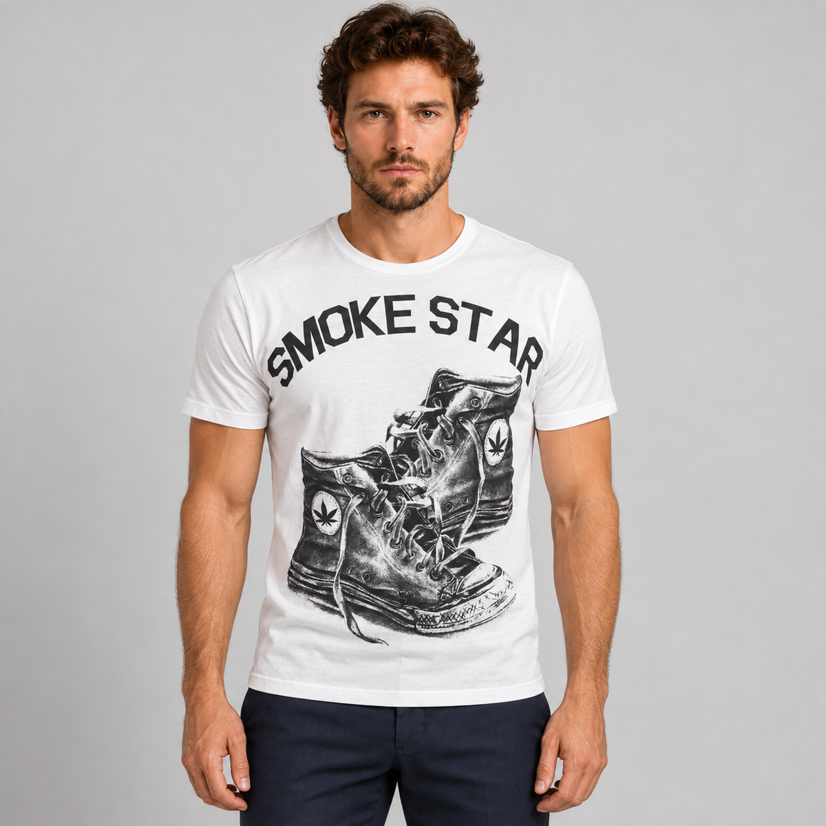 HERREN-T-SHIRT MIT SCHUH-PRINT KURZARM-SHIRT 100% BAUMWOLLE MADE IN ITALY
