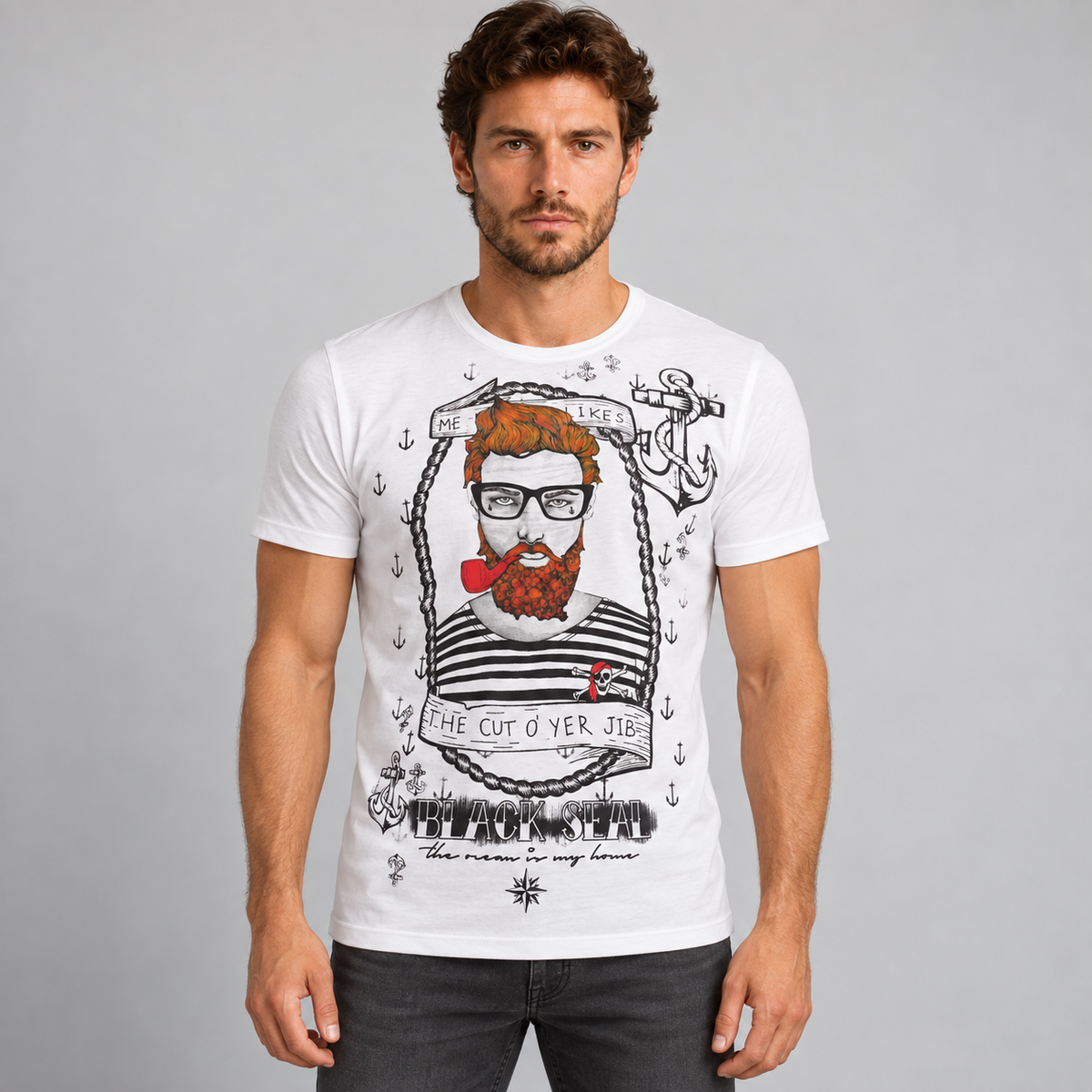 HERREN-T-Shirt, kurzärmliges T-Shirt mit Aufdruck, gestrickt aus 100 % Baumwolle, hergestellt in Italien