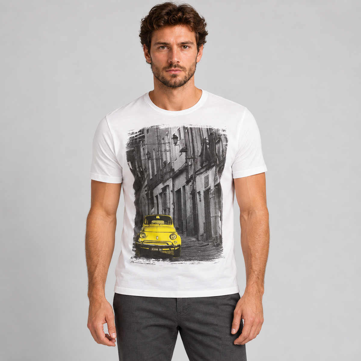 HERREN-T-SHIRT MIT 500-DRUCK KURZARM-SHIRT 100% BAUMWOLLE MADE IN ITALY