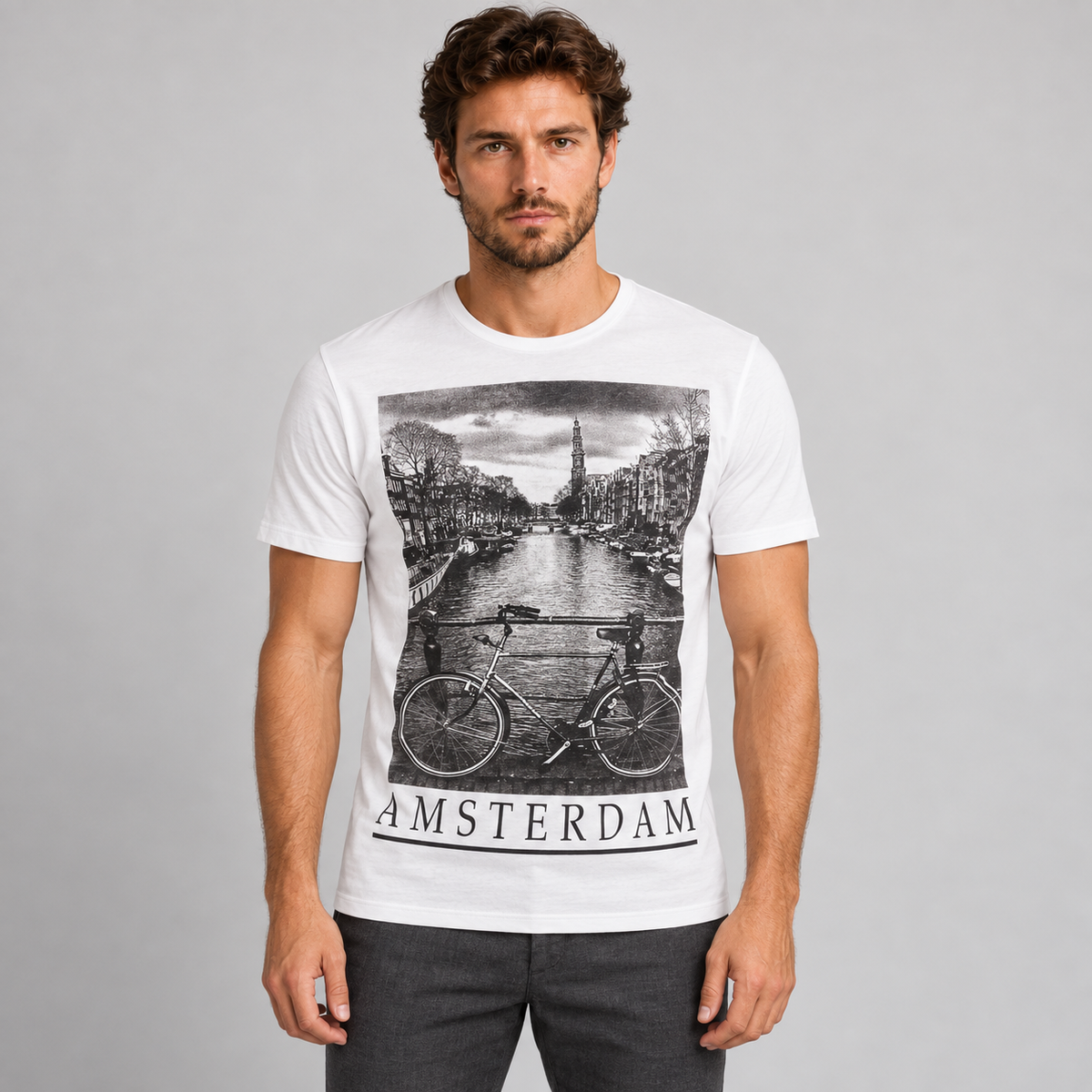 HERREN-T-SHIRT AMSTERDAM-DRUCK KURZARMLOSHIRT 100% BAUMWOLLE MADE IN ITALY