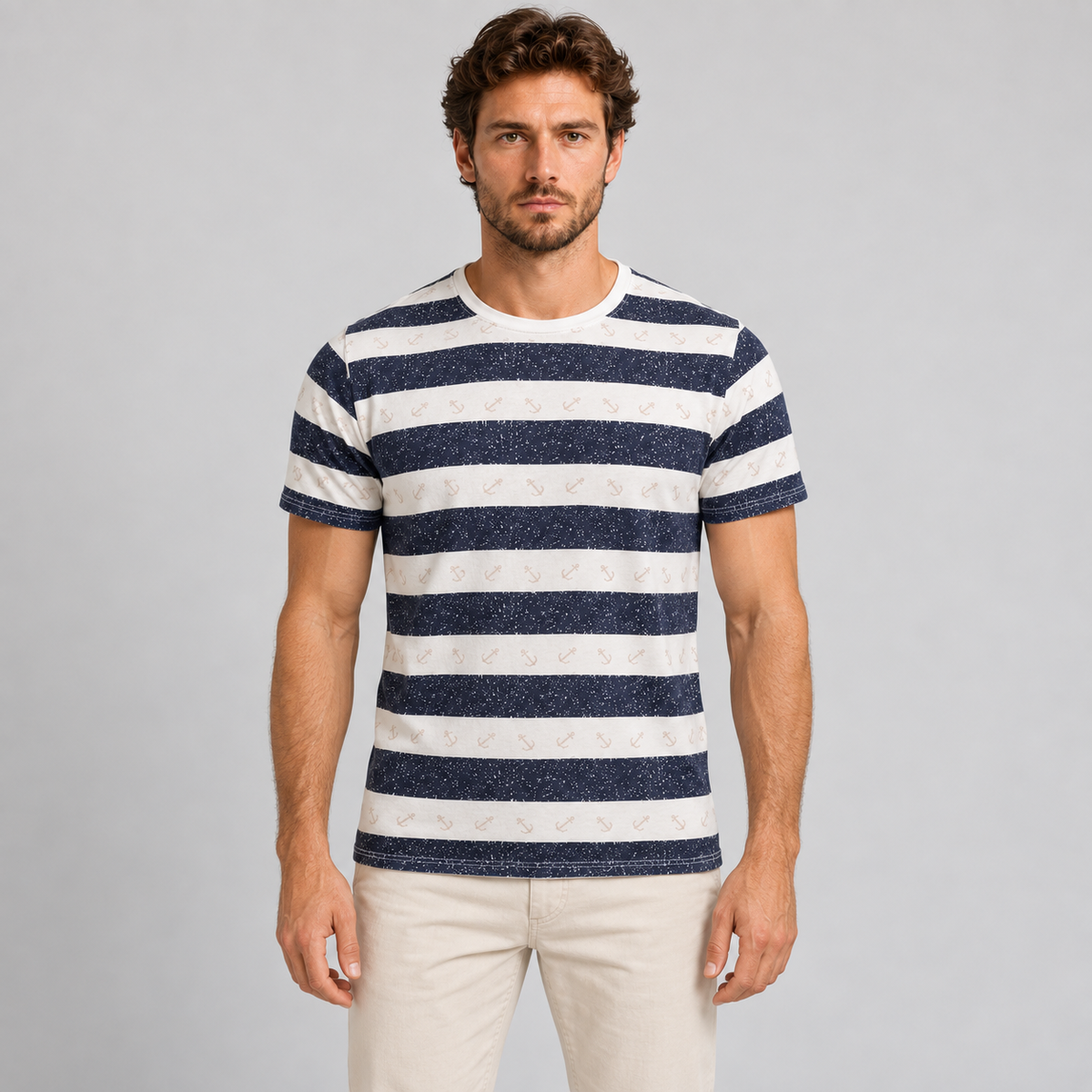 HERREN-T-SHIRT MIT ANKER-PRINT KURZARM-SHIRT 100% BAUMWOLLE MADE IN ITALY