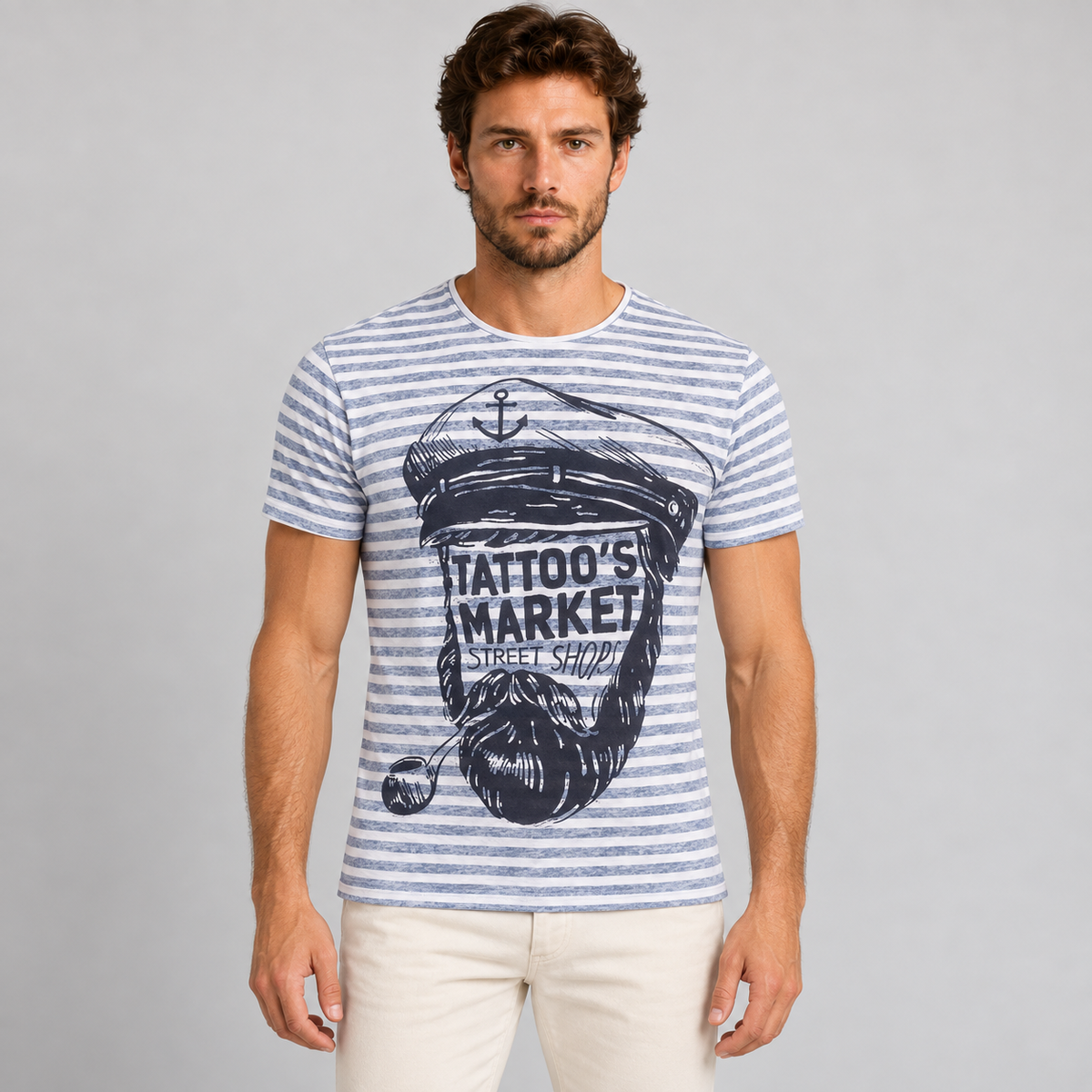 HERREN-T-Shirt, kurzärmelig, 100 % hergestellt in Italien. T-Shirt mit Matrosen-Aufdruck