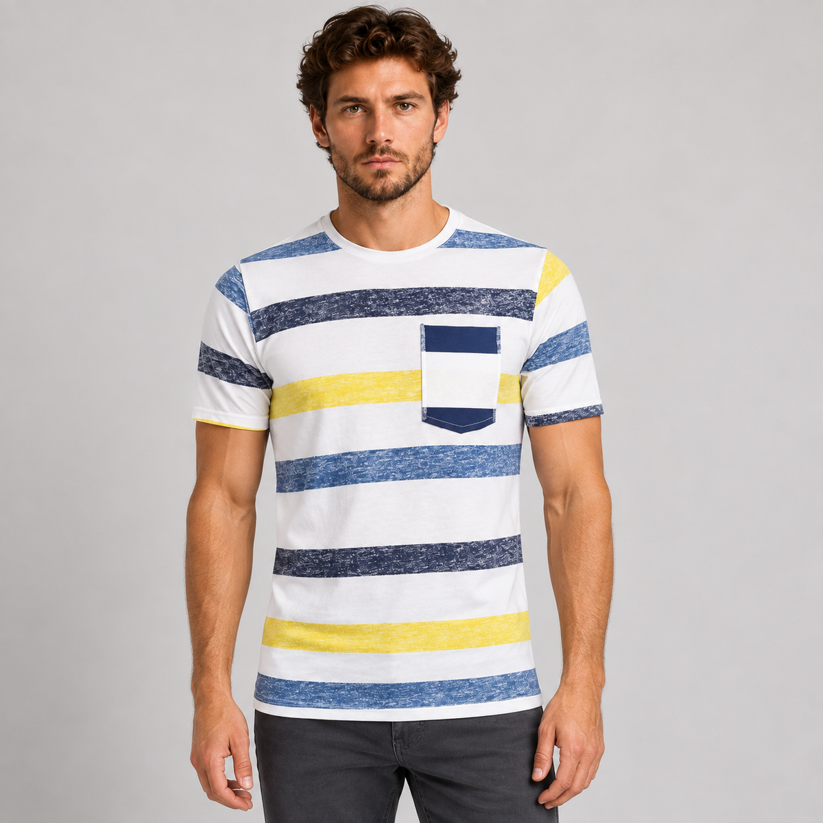 HERREN-T-SHIRT KURZARM MIT STREIFENDRUCK 100% BAUMWOLLE MADE IN ITALY