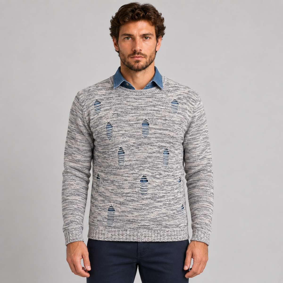 Maglia da uomo in cotone, effetto smagliato, manica lunga — Pasquale Jimmy