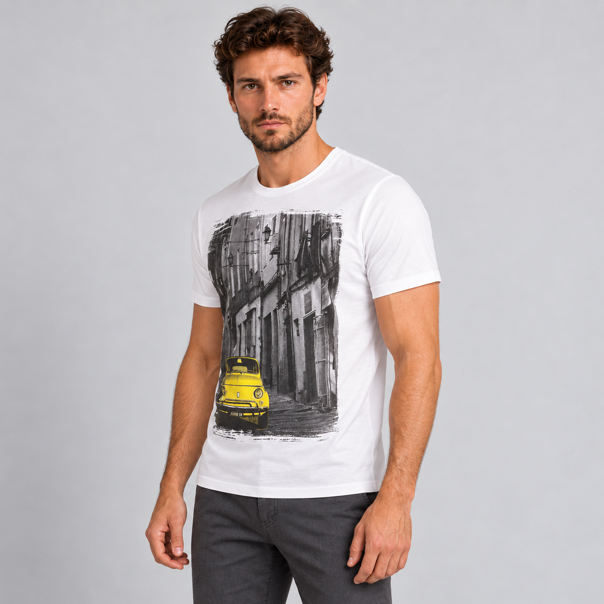 HERREN-T-SHIRT MIT 500-DRUCK KURZARM-SHIRT 100% BAUMWOLLE MADE IN ITALY