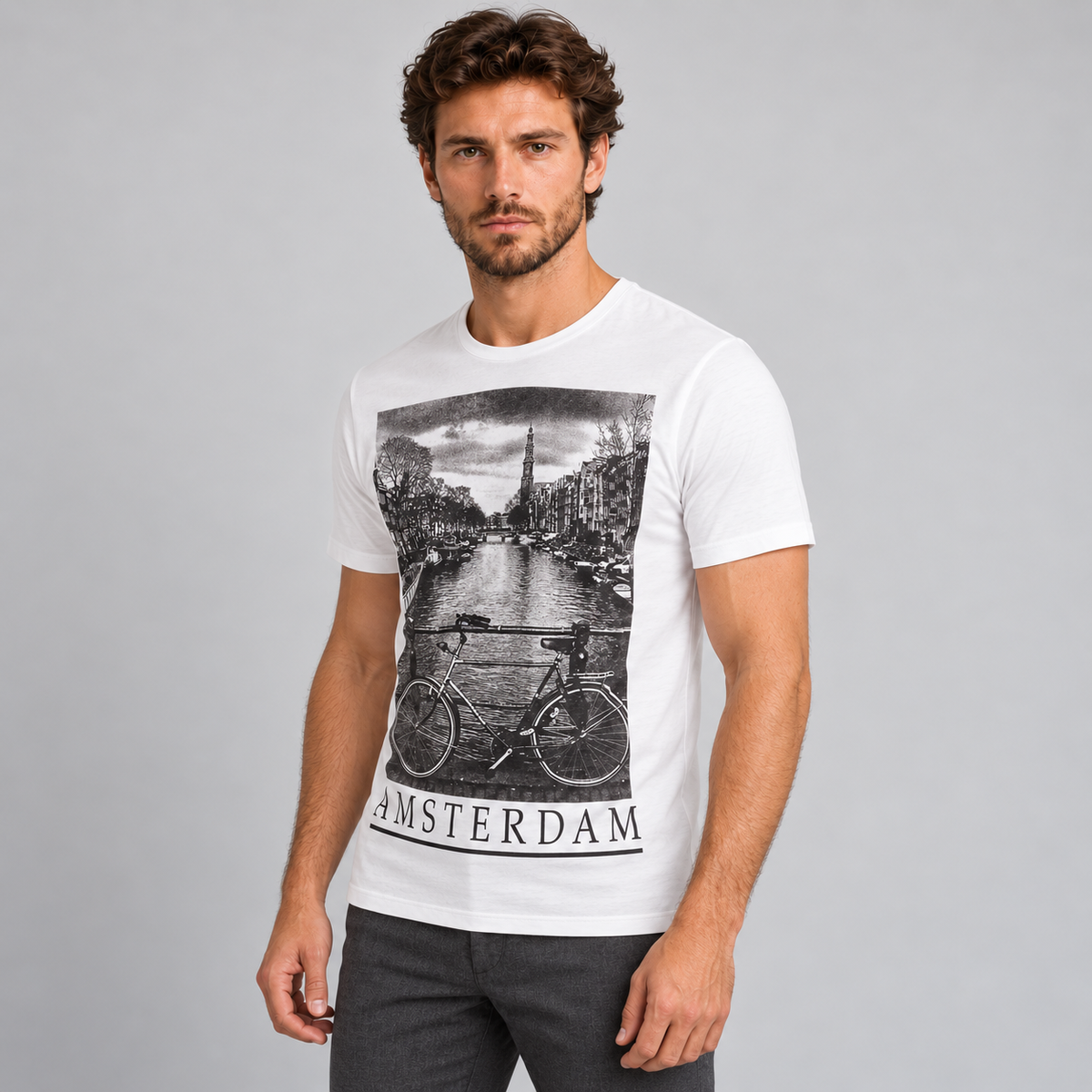 HERREN-T-SHIRT AMSTERDAM-DRUCK KURZARMLOSHIRT 100% BAUMWOLLE MADE IN ITALY