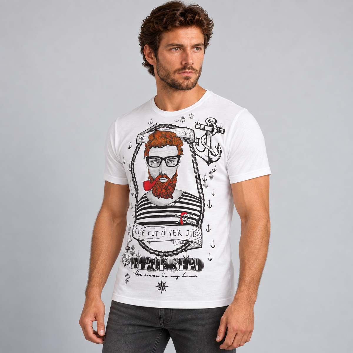 HERREN-T-Shirt, kurzärmliges T-Shirt mit Aufdruck, gestrickt aus 100 % Baumwolle, hergestellt in Italien