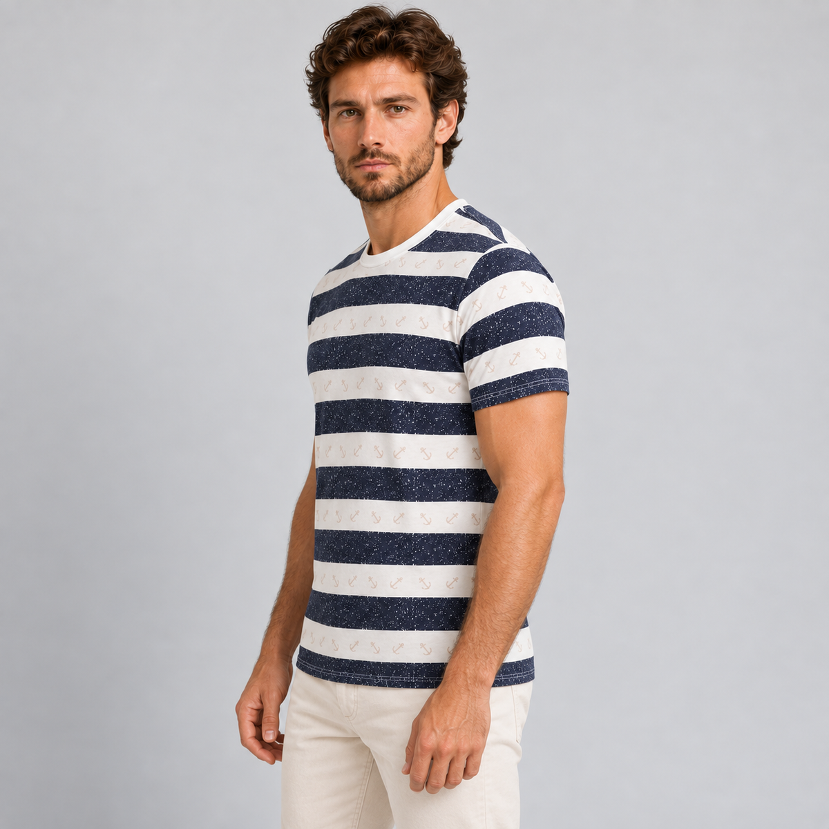 HERREN-T-SHIRT MIT ANKER-PRINT KURZARM-SHIRT 100% BAUMWOLLE MADE IN ITALY