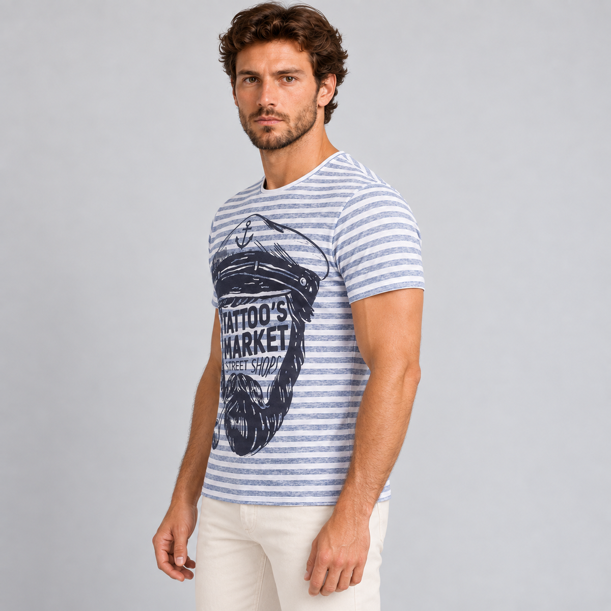 HERREN-T-Shirt, kurzärmelig, 100 % hergestellt in Italien. T-Shirt mit Matrosen-Aufdruck