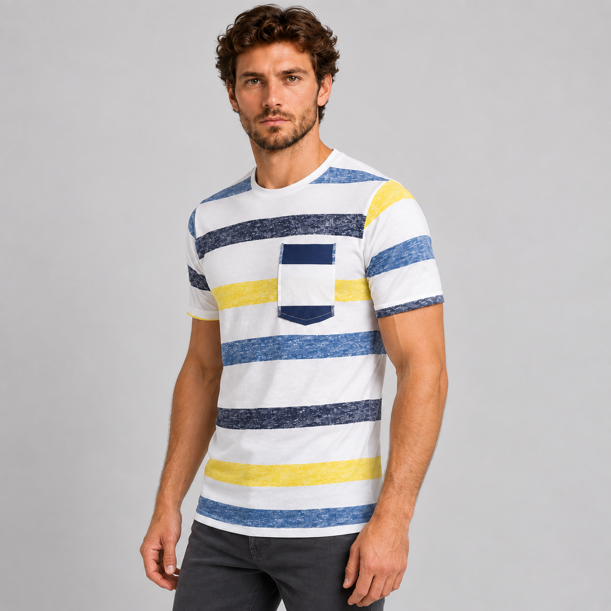 HERREN-T-SHIRT KURZARM MIT STREIFENDRUCK 100% BAUMWOLLE MADE IN ITALY