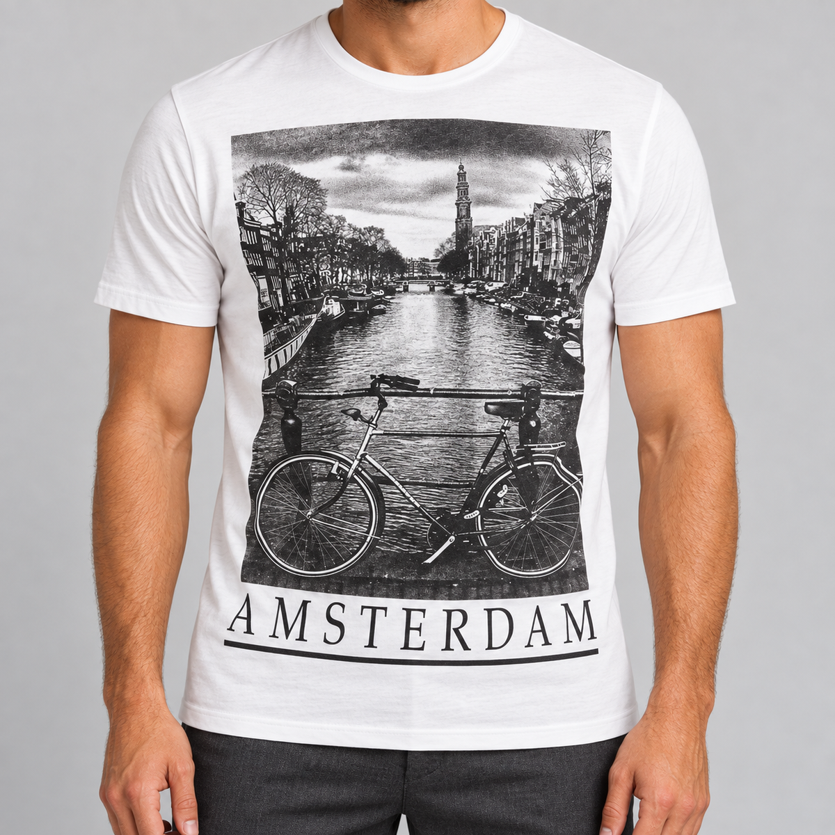 HERREN-T-SHIRT AMSTERDAM-DRUCK KURZARMLOSHIRT 100% BAUMWOLLE MADE IN ITALY