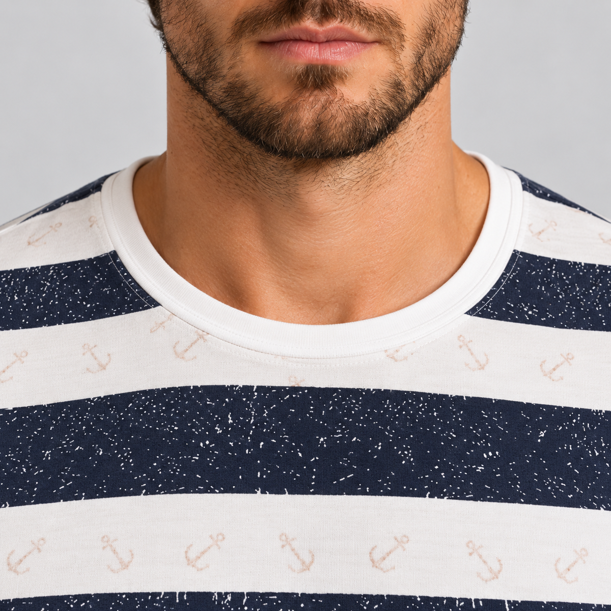 HERREN-T-SHIRT MIT ANKER-PRINT KURZARM-SHIRT 100% BAUMWOLLE MADE IN ITALY
