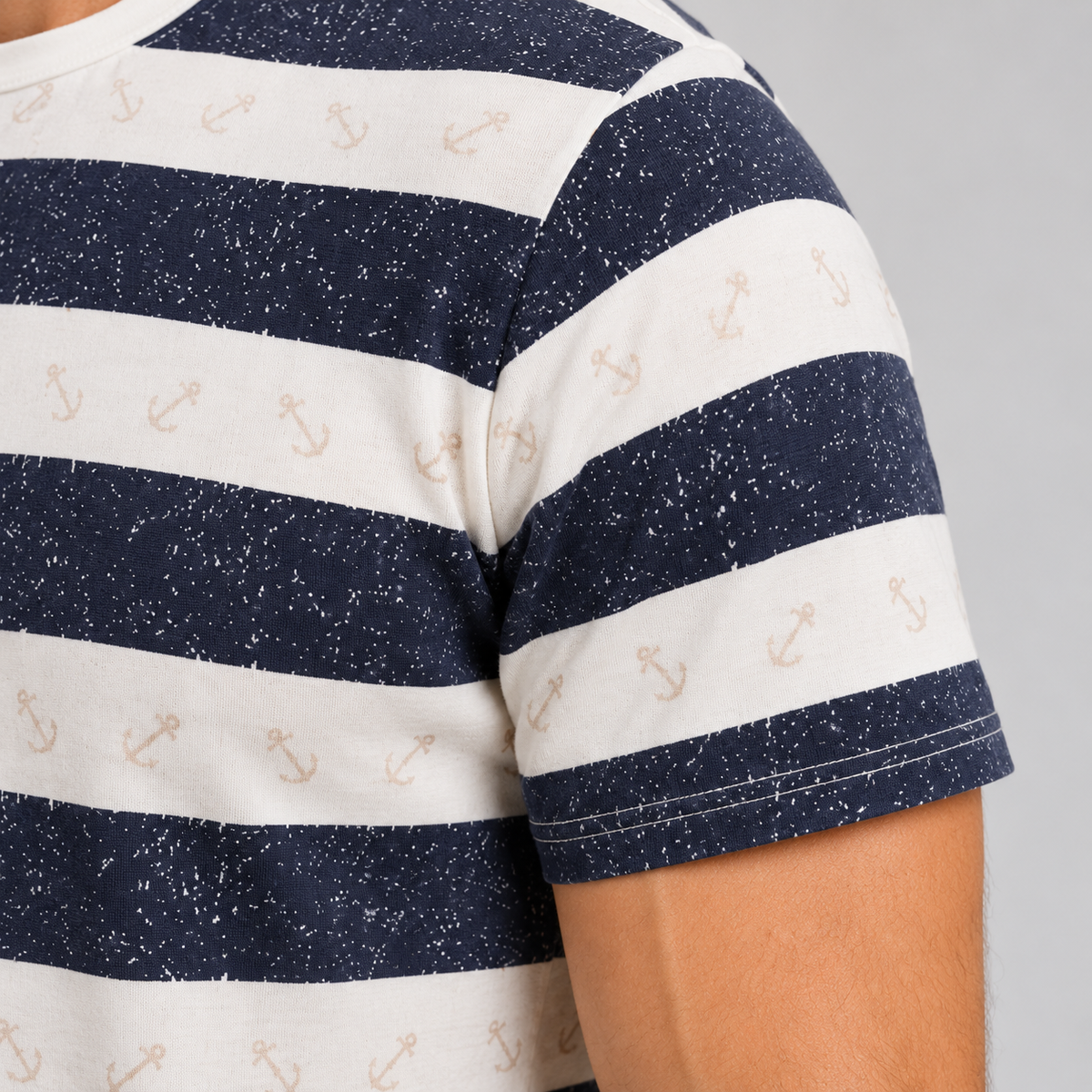 HERREN-T-SHIRT MIT ANKER-PRINT KURZARM-SHIRT 100% BAUMWOLLE MADE IN ITALY