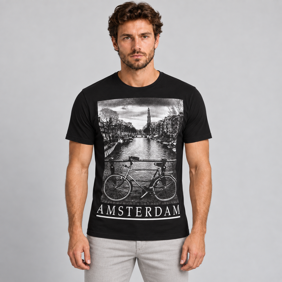 HERREN-T-SHIRT AMSTERDAM-DRUCK KURZARMLOSHIRT 100% BAUMWOLLE MADE IN ITALY