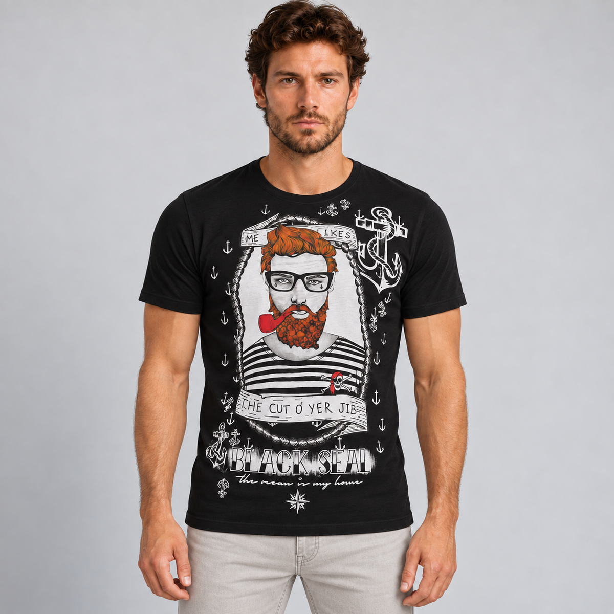 HERREN-T-Shirt, kurzärmliges T-Shirt mit Aufdruck, gestrickt aus 100 % Baumwolle, hergestellt in Italien