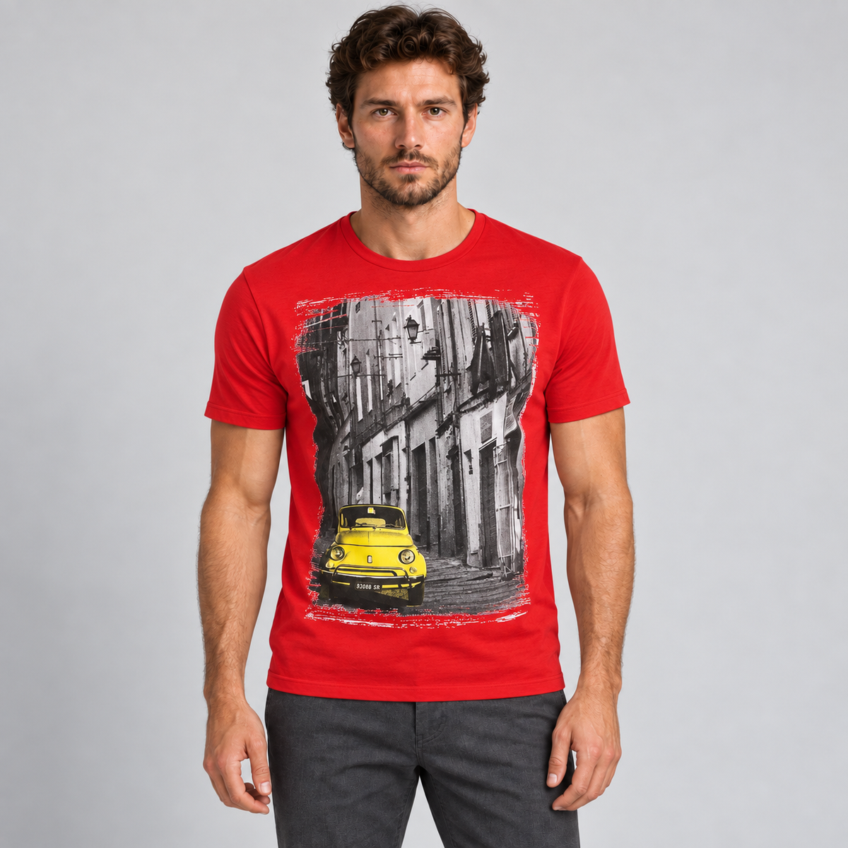 HERREN-T-SHIRT MIT 500-DRUCK KURZARM-SHIRT 100% BAUMWOLLE MADE IN ITALY