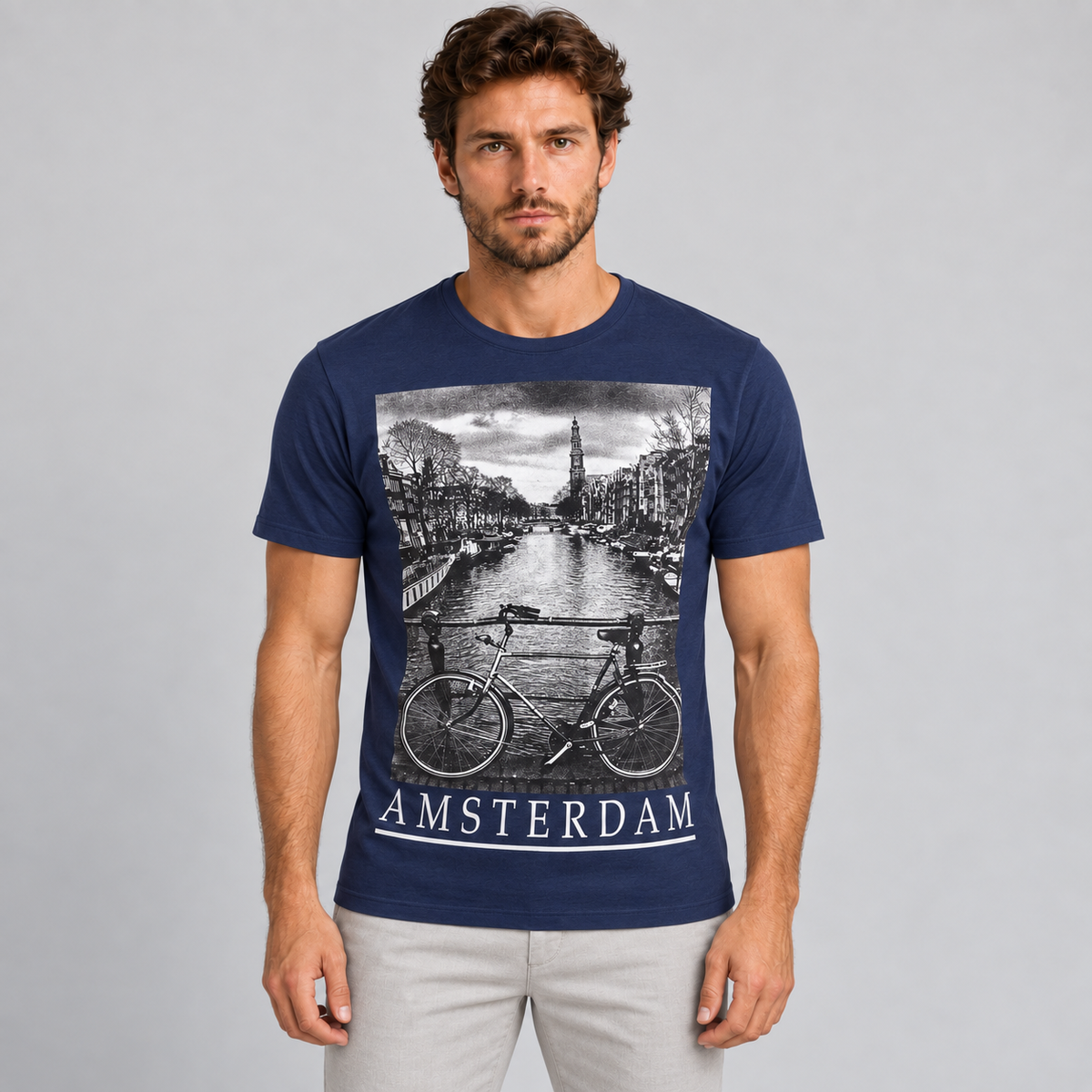 HERREN-T-SHIRT AMSTERDAM-DRUCK KURZARMLOSHIRT 100% BAUMWOLLE MADE IN ITALY