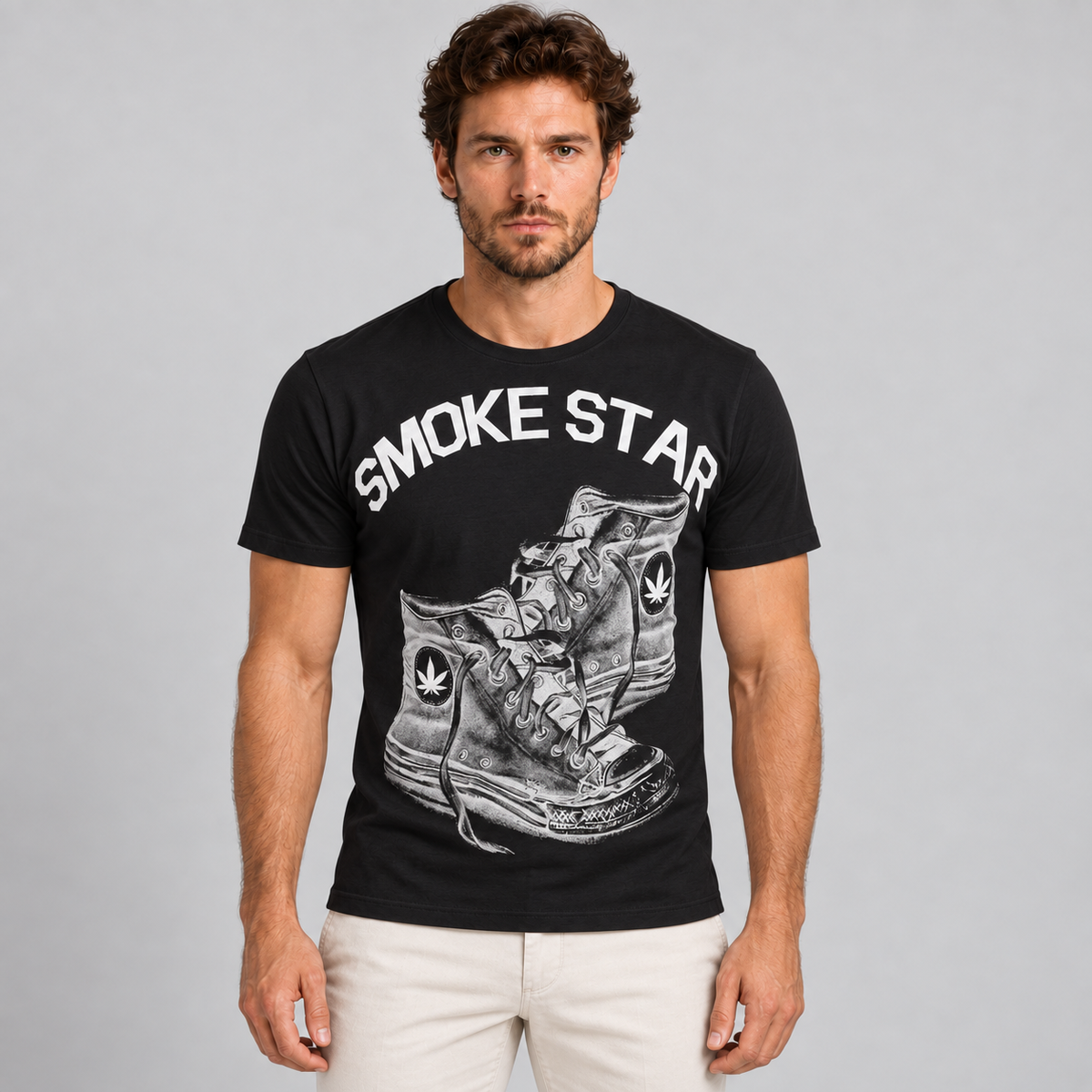 HERREN-T-SHIRT MIT SCHUH-PRINT KURZARM-SHIRT 100% BAUMWOLLE MADE IN ITALY