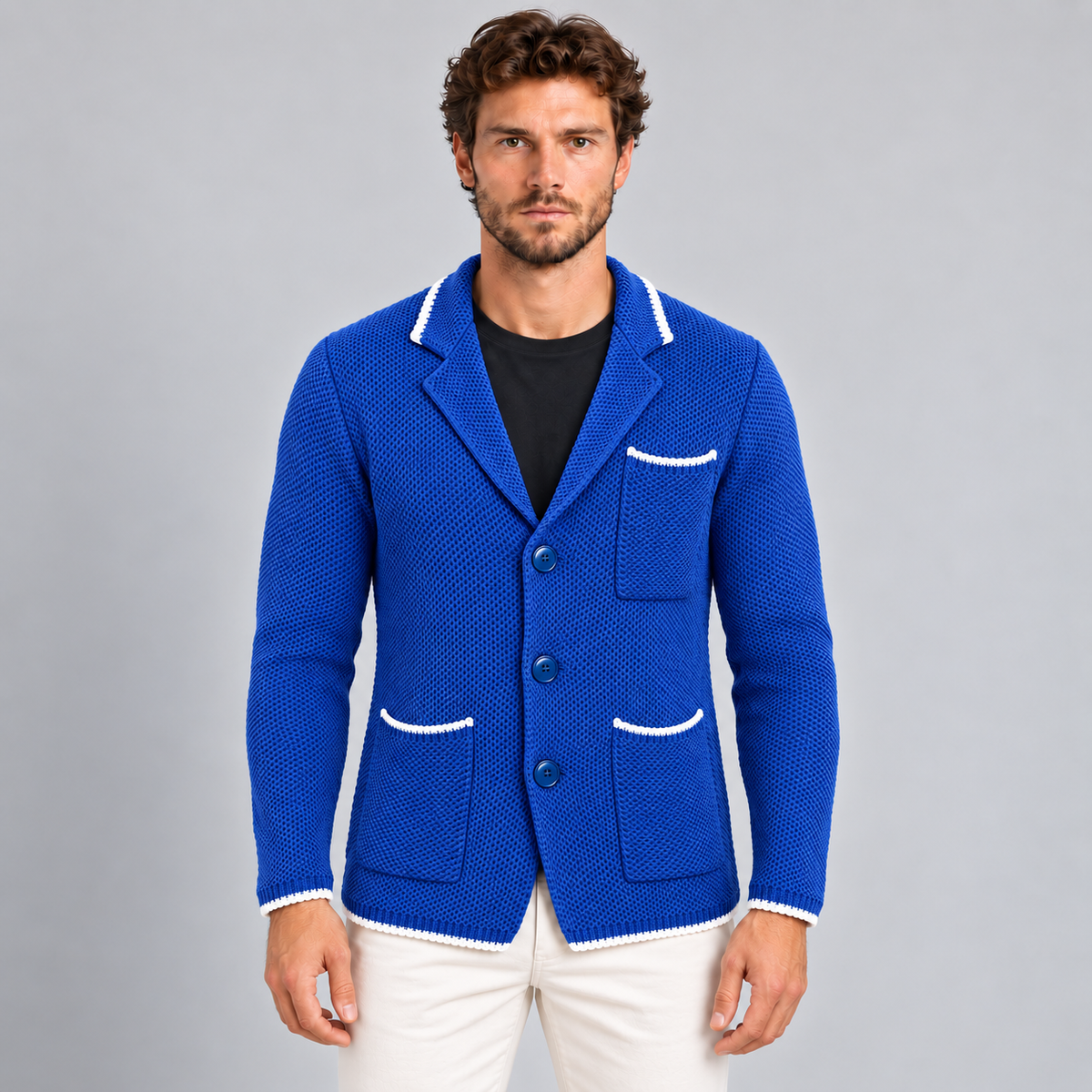 MEN'S 100% COTTON HONEYCOMB KNIT DOUBLE-BREASTED SARTORIAL CARDIGAN 100% MADE IN ITALY