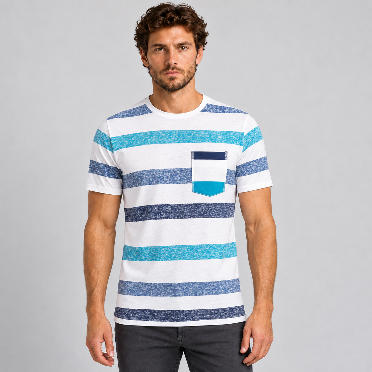 HERREN-T-SHIRT KURZARM MIT STREIFENDRUCK 100% BAUMWOLLE MADE IN ITALY