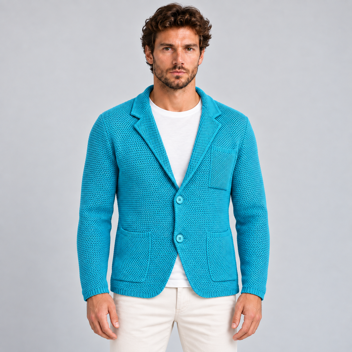 MEN'S COTTON HONEYCOMB KNIT CARDIGAN JACKET MADE IN ITALY