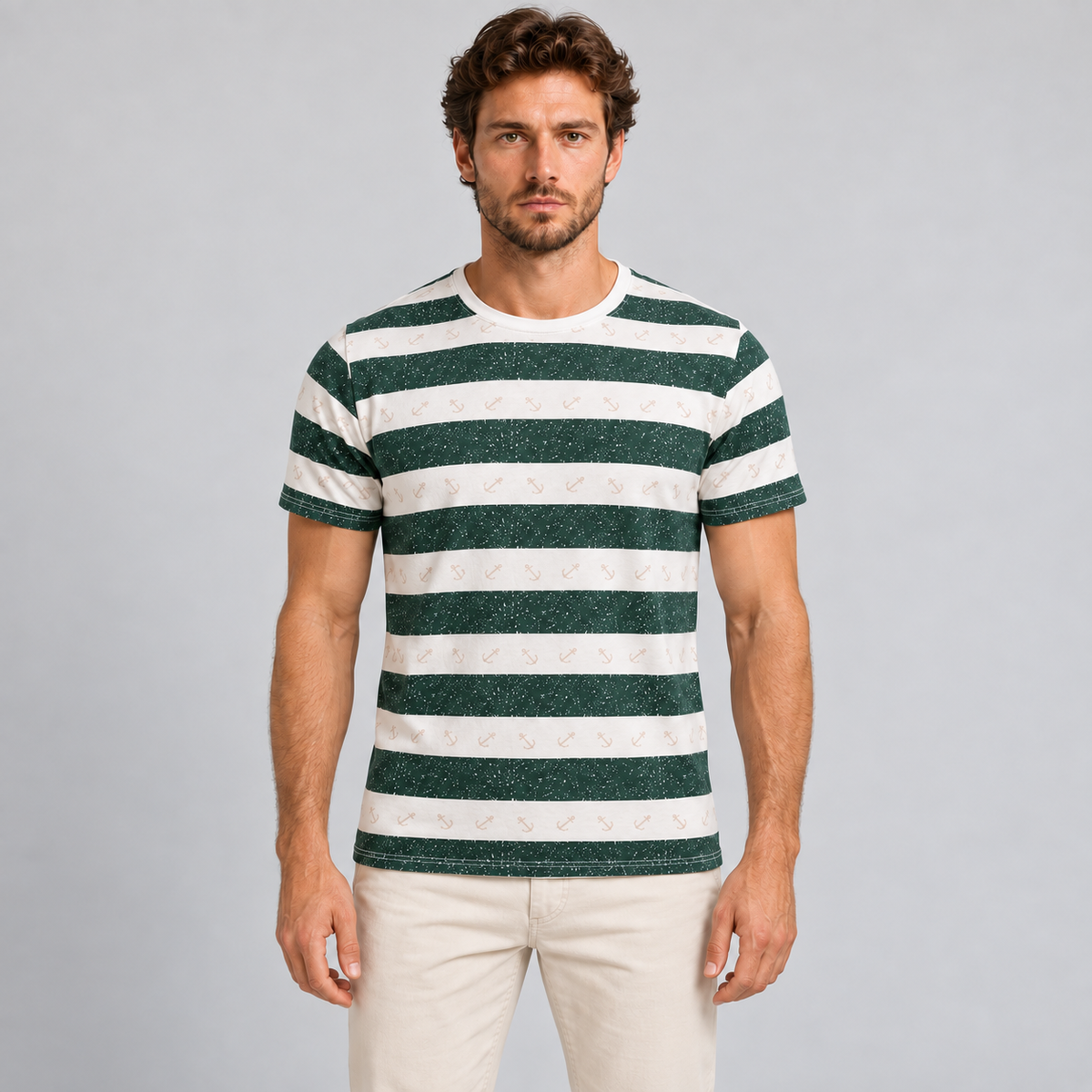 HERREN-T-SHIRT MIT ANKER-PRINT KURZARM-SHIRT 100% BAUMWOLLE MADE IN ITALY