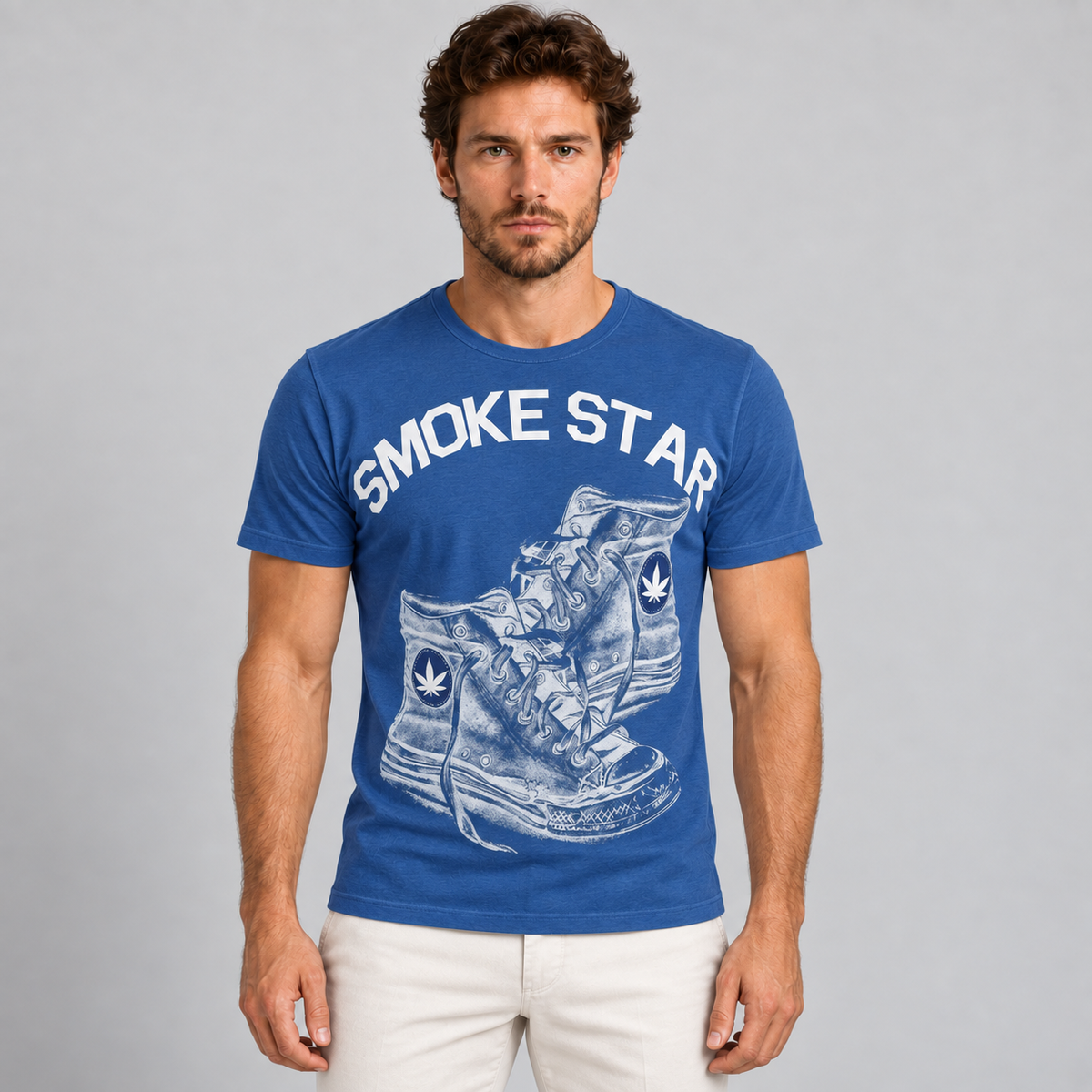 HERREN-T-SHIRT MIT SCHUH-PRINT KURZARM-SHIRT 100% BAUMWOLLE MADE IN ITALY