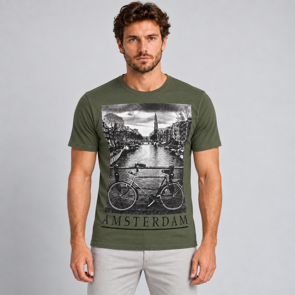 Men's cotton t-shirt, Amsterdam print, military green, front view — Pasquale Jimmy