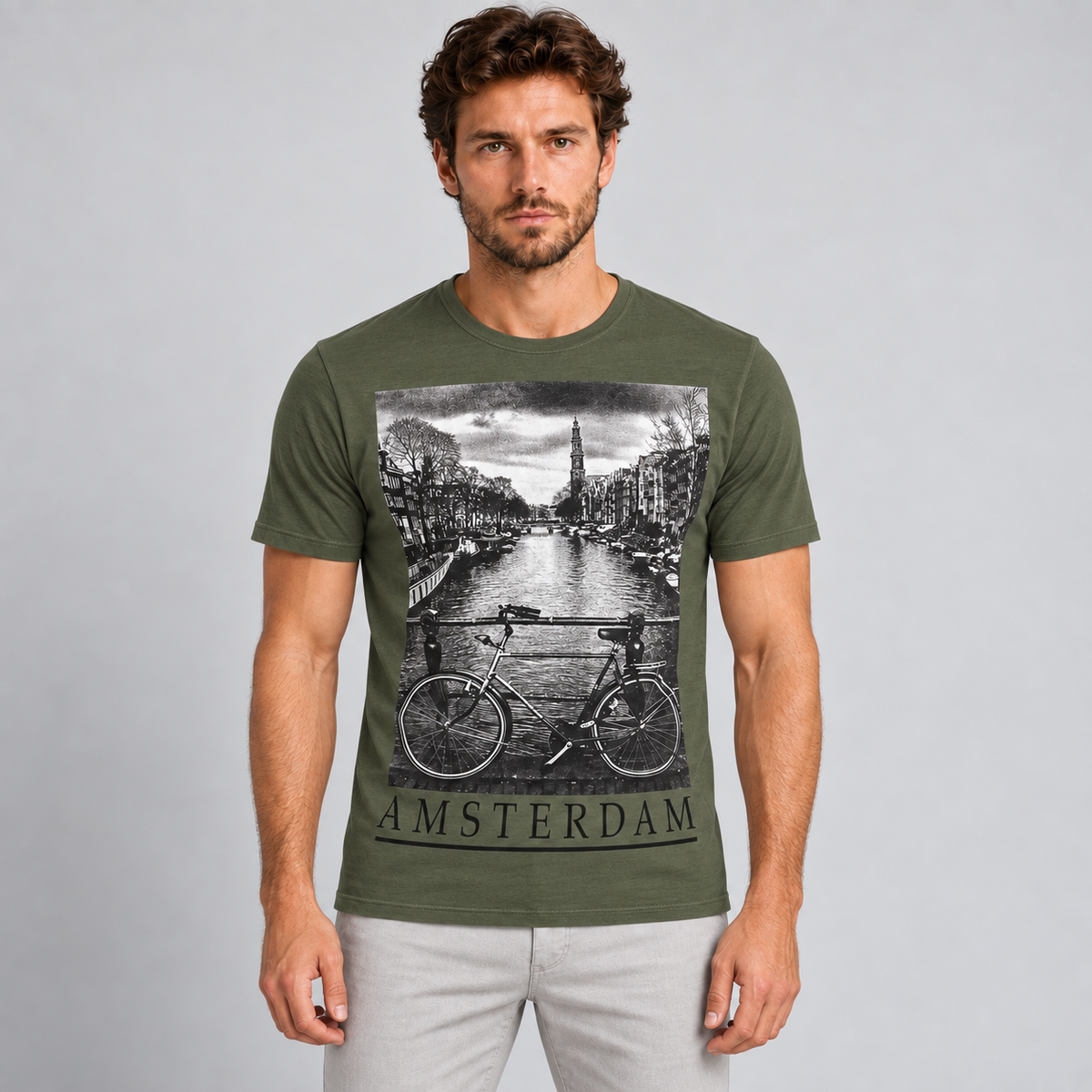 HERREN-T-SHIRT AMSTERDAM-DRUCK KURZARMLOSHIRT 100% BAUMWOLLE MADE IN ITALY