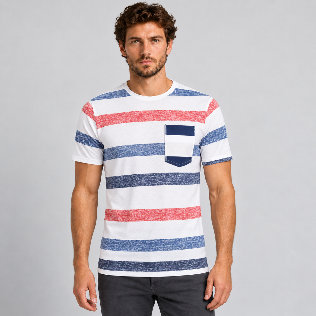 HERREN-T-SHIRT KURZARM MIT STREIFENDRUCK 100% BAUMWOLLE MADE IN ITALY