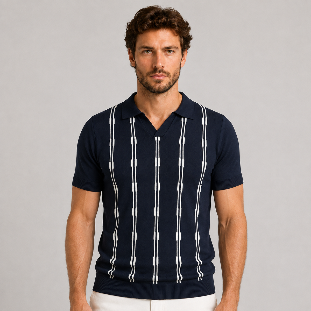 Polo da uomo in cotone, righe a contrasto, manica corta — Pasquale Jimmy