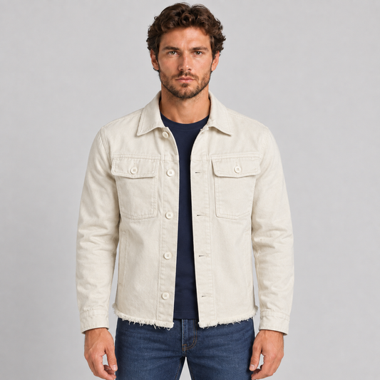 MEN'S LIGHTWEIGHT FRAYED COTTON SPRING JACKET JEANS 100% Made in Italy