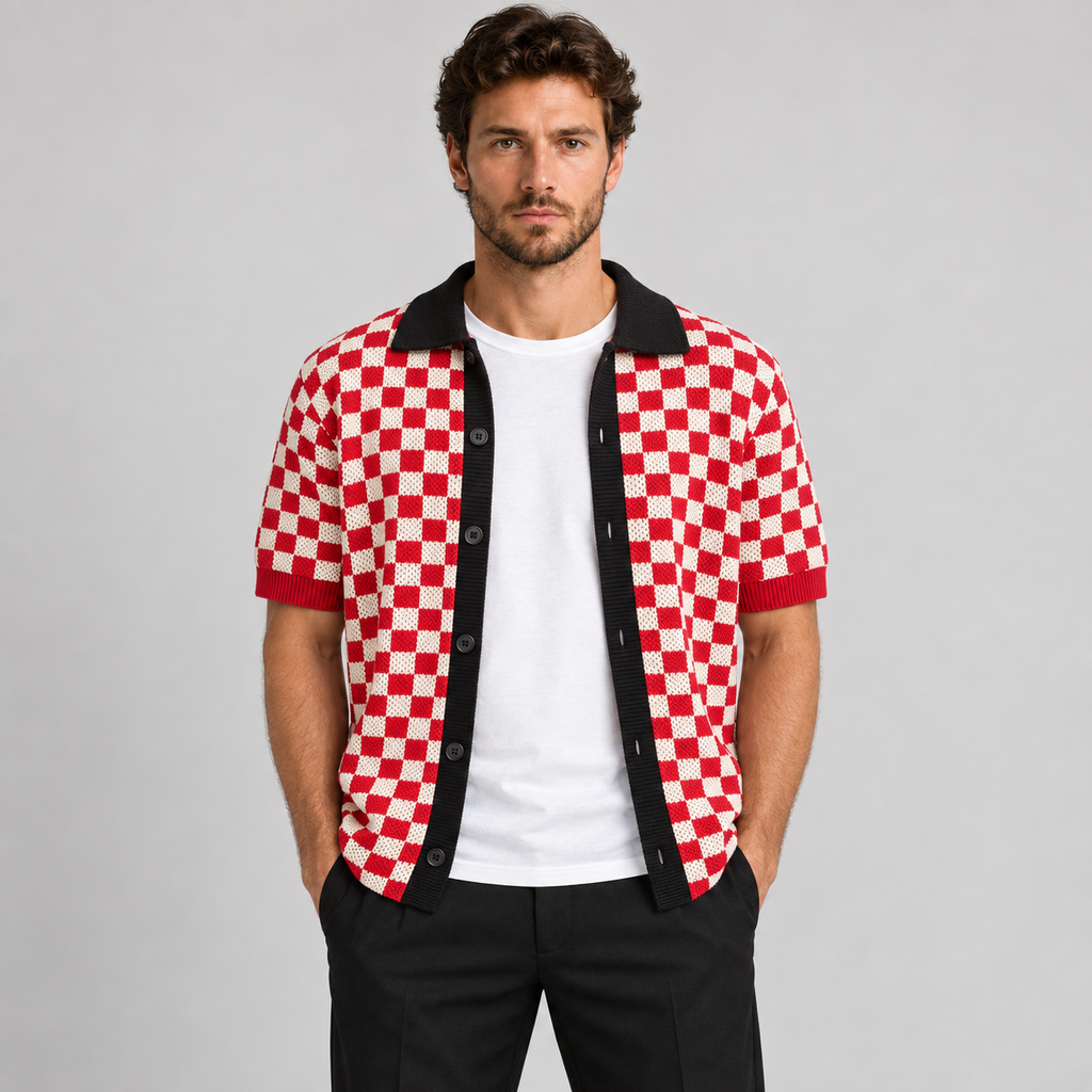 Cardigan da uomo in cotone, lavorazione jacquard, piqué, manica corta — Pasquale Jimmy