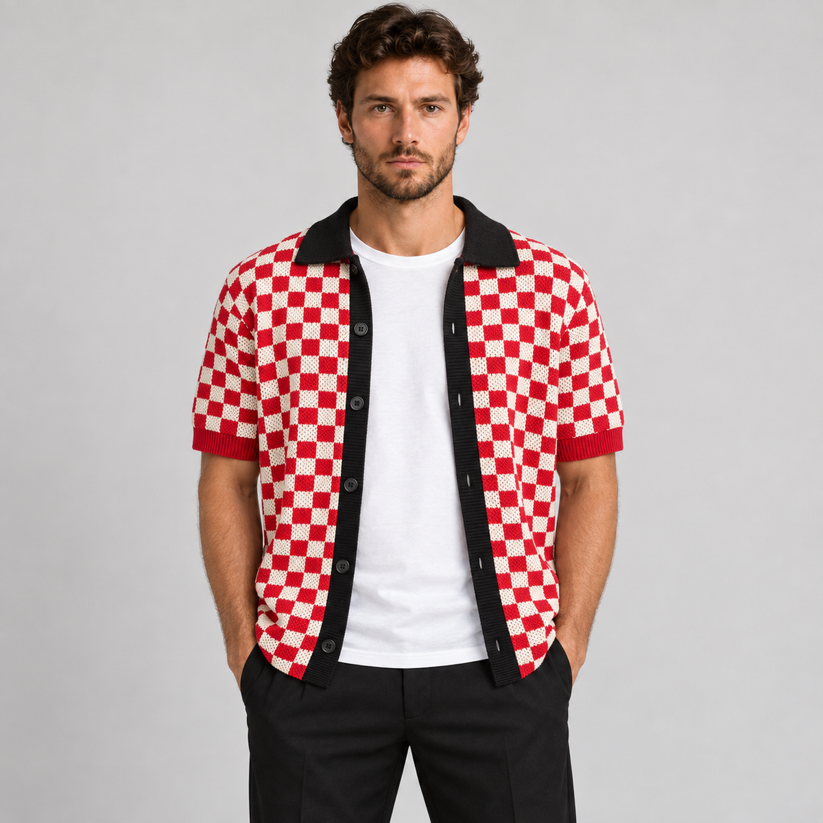 Cardigan da uomo in cotone, lavorazione jacquard, piqué, manica corta — Pasquale Jimmy