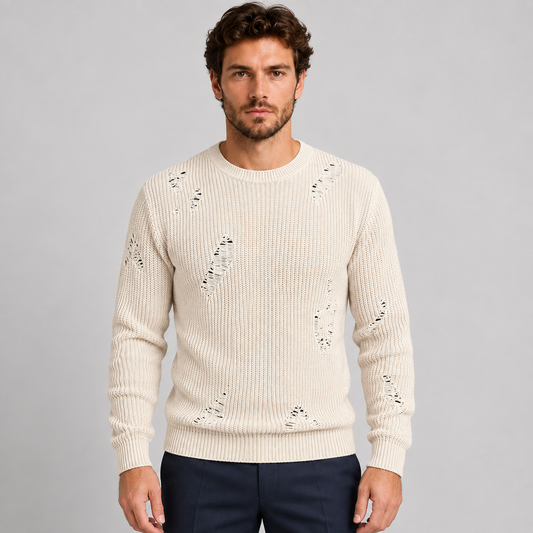 MAGLIONE LANA GIROCOLLO UOMO CON SMAGLIATURE EFFETTO STRAPPATO MADE IN ITALY