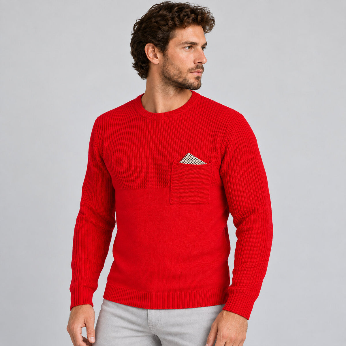 MAGLIA LANA MAGLIONCINO UOMO GIROCOLLO CON TASCHINO RIFINITO 100% MADE IN ITALY