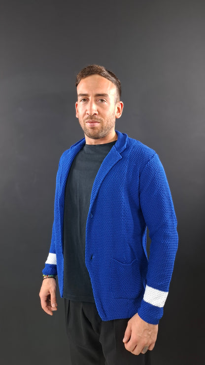 HERREN-CARDIGAN, 100 % BAUMWOLLE, ZWEIREIHIG, LINKSVERARBEITUNG, MASSGESCHNEIDERT, HERGESTELLT IN ITALIEN