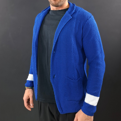 HERREN-CARDIGAN, 100 % BAUMWOLLE, ZWEIREIHIG, LINKSVERARBEITUNG, MASSGESCHNEIDERT, HERGESTELLT IN ITALIEN