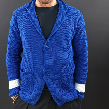 HERREN-CARDIGAN, 100 % BAUMWOLLE, ZWEIREIHIG, LINKSVERARBEITUNG, MASSGESCHNEIDERT, HERGESTELLT IN ITALIEN