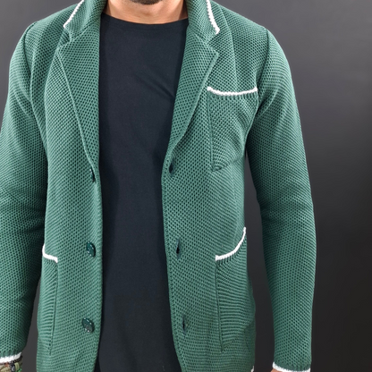 HERREN-CARDIGAN, 100 % BAUMWOLLE, WABENWABEN, ZWEIREIHIG, SCHNEIDER, 100 % HERGESTELLT IN ITALIEN