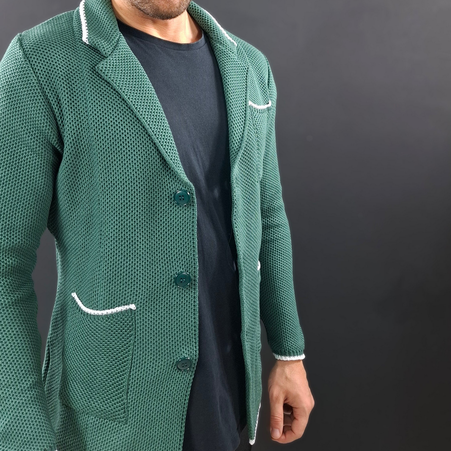 HERREN-CARDIGAN, 100 % BAUMWOLLE, WABENWABEN, ZWEIREIHIG, SCHNEIDER, 100 % HERGESTELLT IN ITALIEN