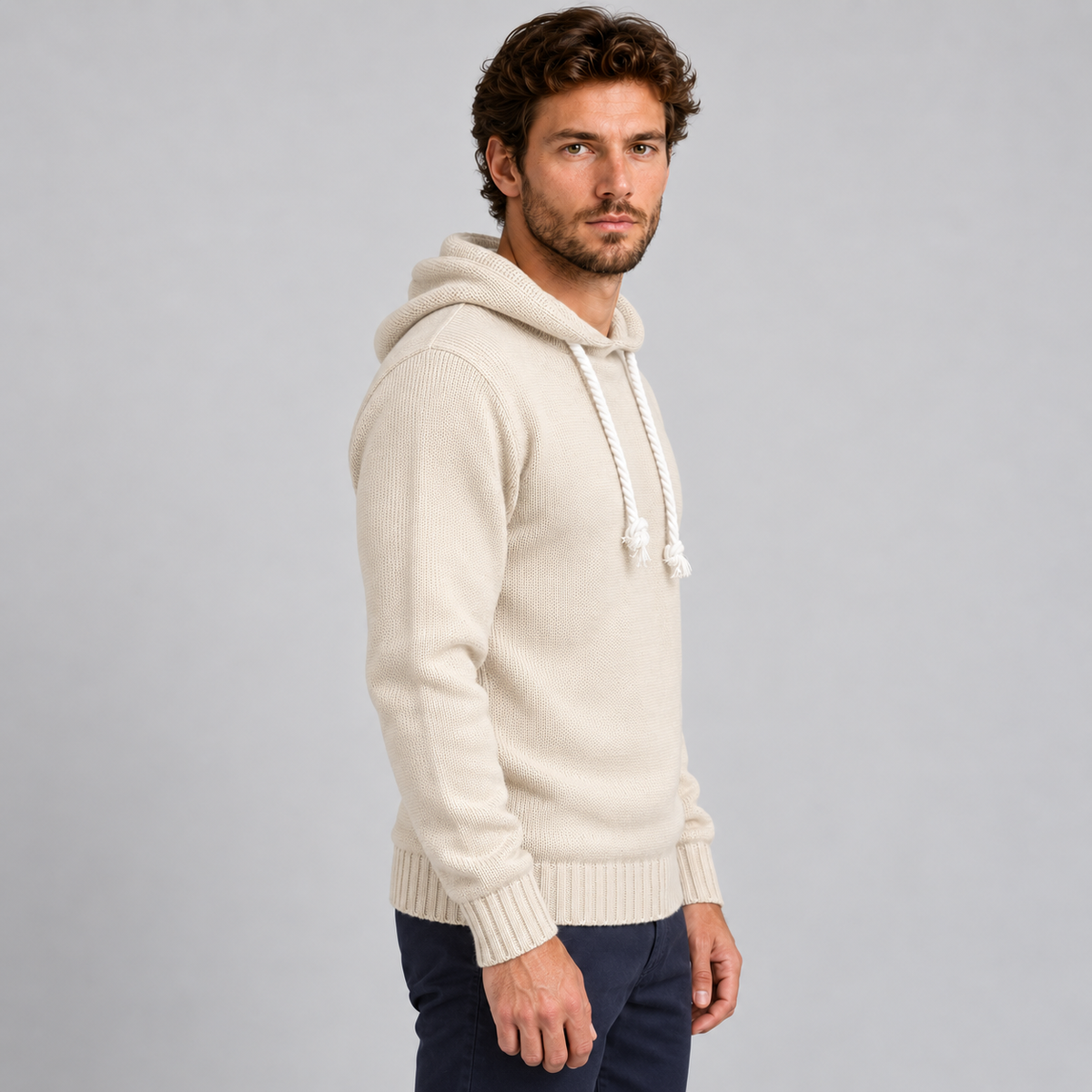 MAGLIA UOMO CON CAPPUCCIO E LACCI IN CORDA  MISTO LANA 100% MADE IN ITALY