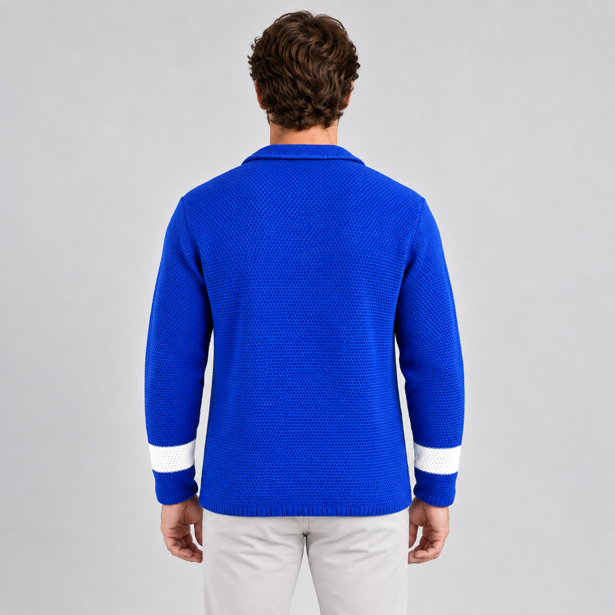 HERREN-CARDIGAN, 100 % BAUMWOLLE, ZWEIREIHIG, LINKSVERARBEITUNG, MASSGESCHNEIDERT, HERGESTELLT IN ITALIEN