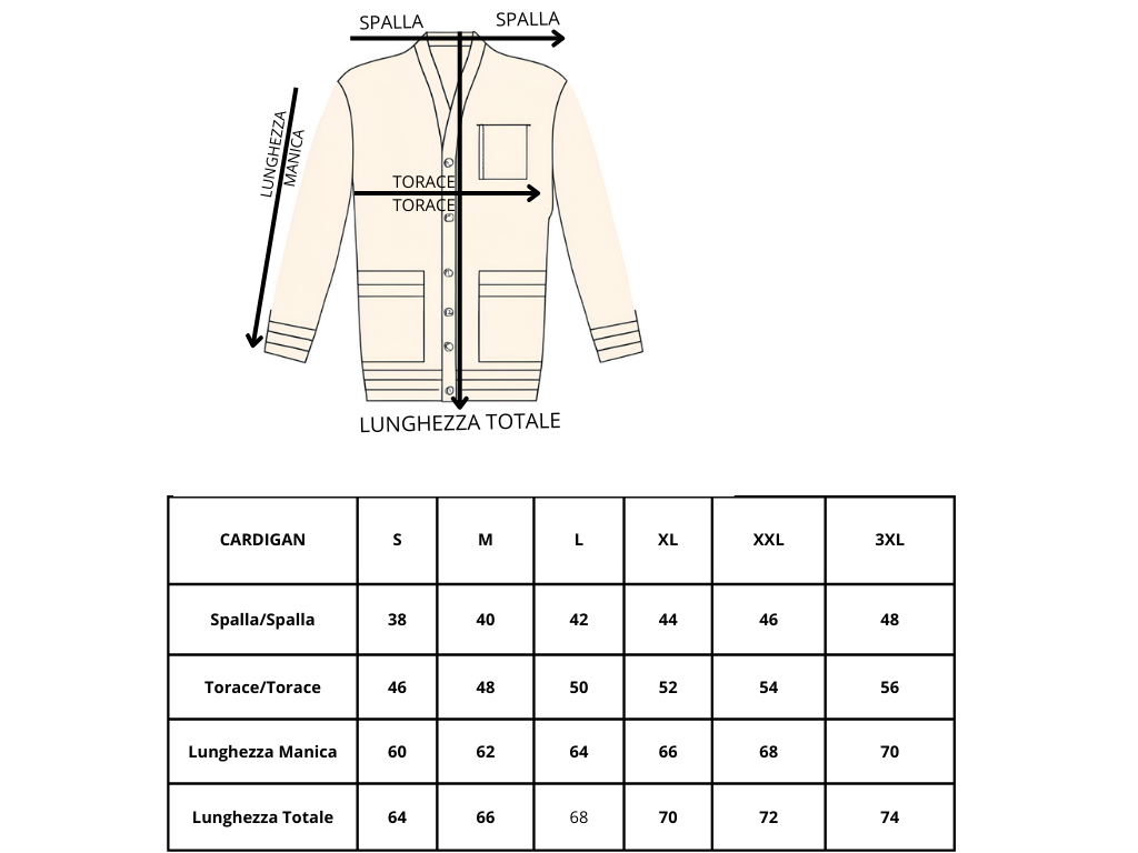 Tabella delle misure in centimetri per cardigan da uomo — Pasquale Jimmy